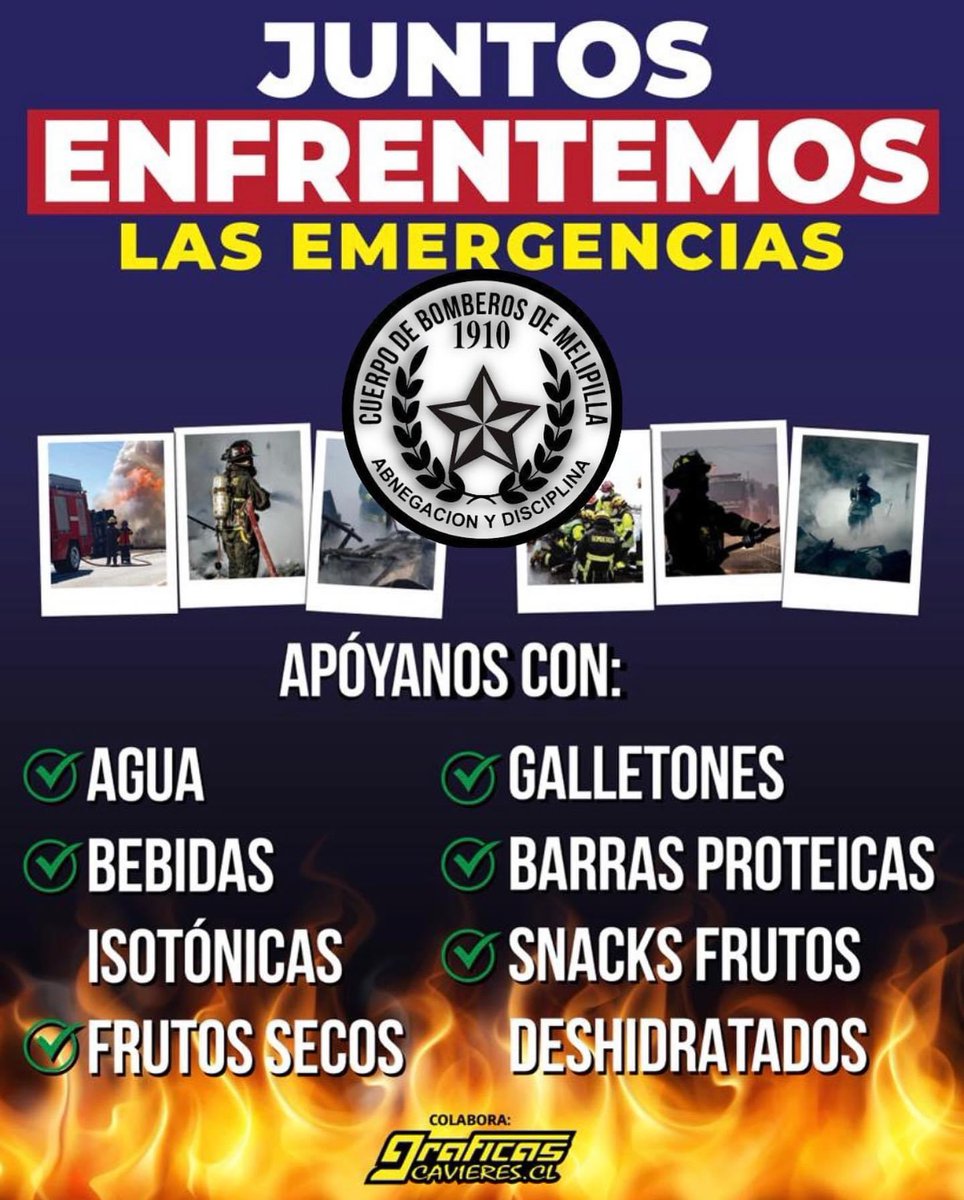 El Cuerpo de Bomberos de Melipilla los invita a colaborar en una importante campaña para ir en apoyo de nuestros bomberos y bomberas. 👩🏻‍🚒👨🏻‍🚒
Haz tu aporte en: 
✔️ Agua embotellada 
✔️ Bebidas isotónicas 
✔️ Frutos secos 
✔️ Galletones 
✔️ Barras Proteicas 
✔️ Frutos deshidratados