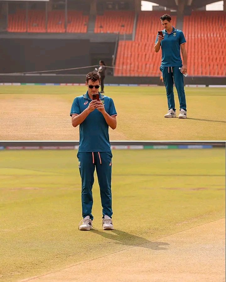 MalikShezz's tweet photo. Pat Cummins is taking pictures of the Ahmedabad pitch to ensure that it doesnt change overnight.
#CWC23Final https://t.co/92vI5Cd325