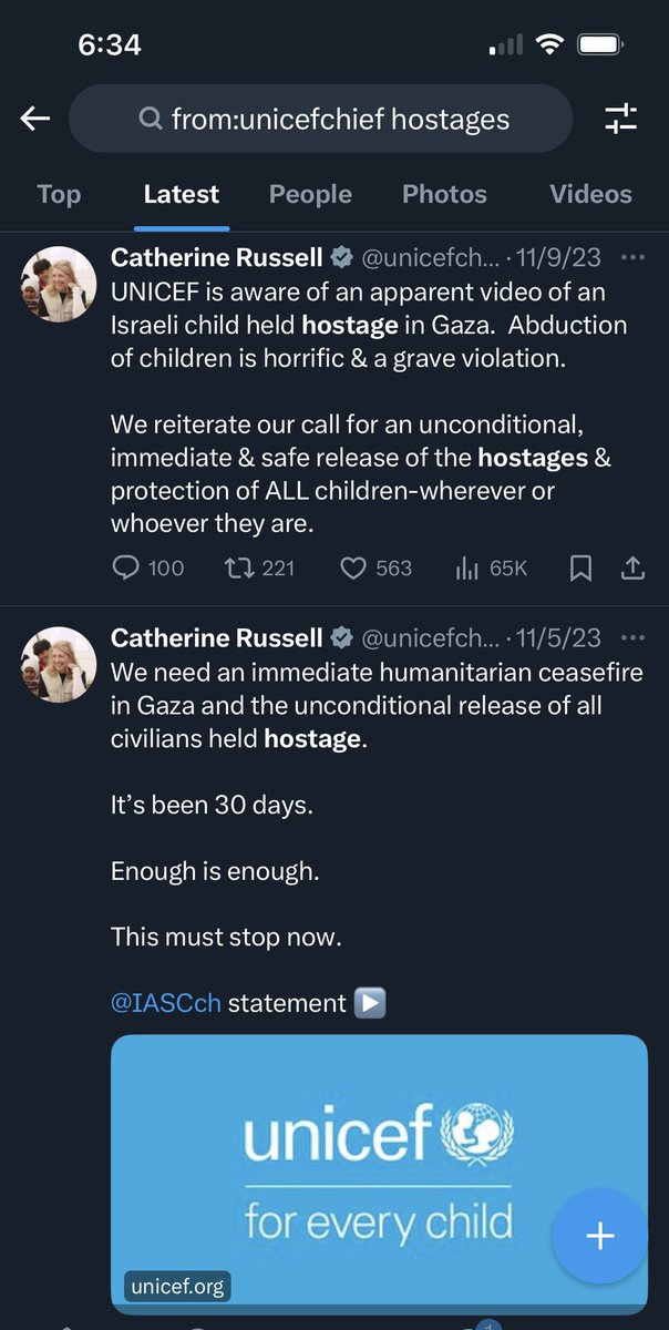 UNICEF chief: Catherine Russell @unicefchief 0 condemnation of Hamas, 1 month call to release hostages. Her mandate is children.