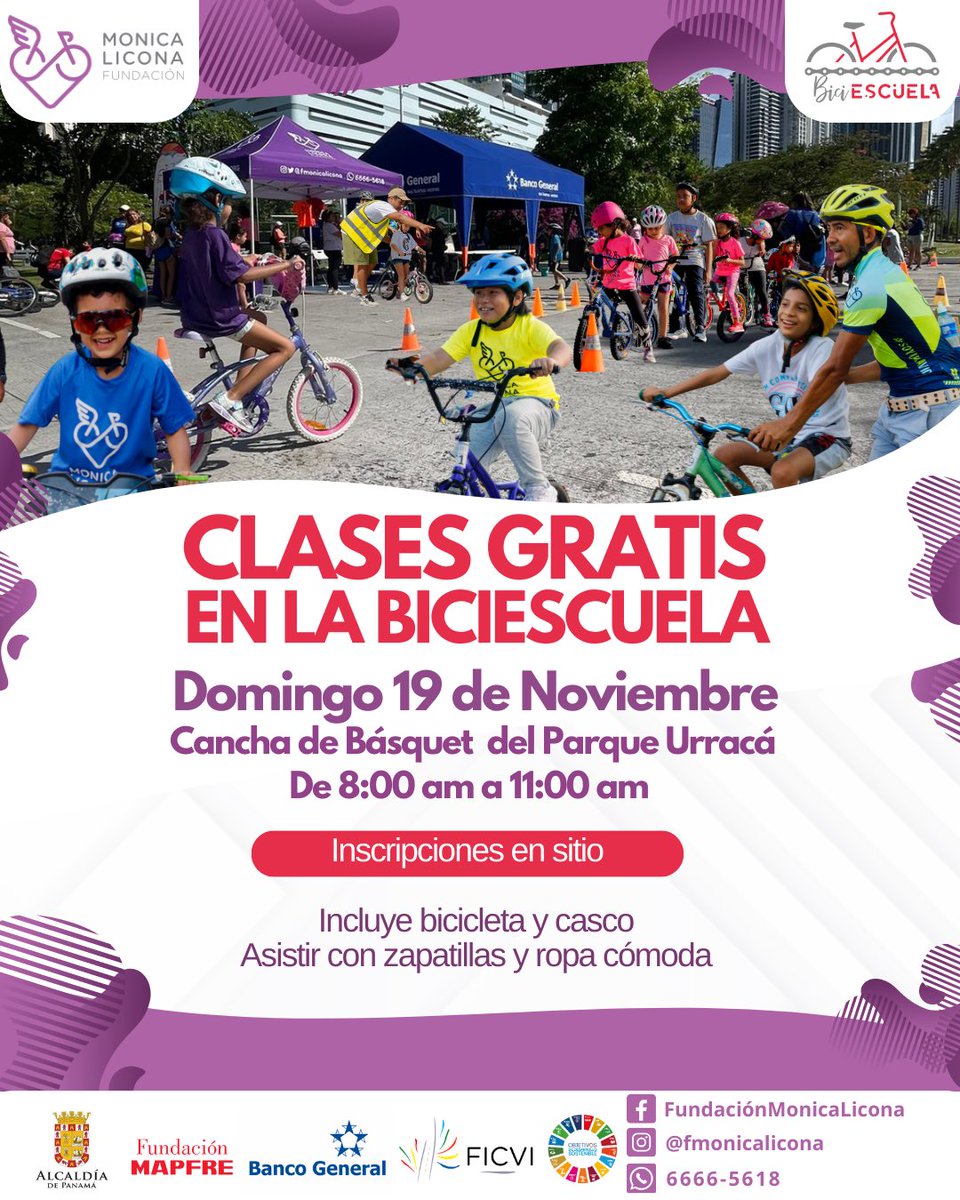 ¡ Regresamos a clases en la BICIESCUELA ! Ven y acompáñanos mañana domingo 19 de nov. desde las 8 am 📍Parque Urracá - Gracias al apoyo de <a href="/fmapfre/">Fundación MAPFRE</a> <a href="/FundSBV/">FundaciónSusBuenosVecinos</a> @panamamunicipio <a href="/FICVI1/">FICVI</a>