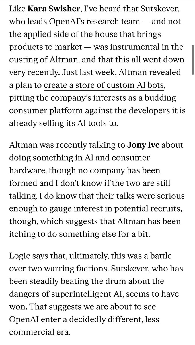 reporting notes on the OpenAI debacle from last night’s newsletter: - A coup led from the research side of the house - Altman has been looking at outside biz endeavors for a bit now - My hunch is that was announced at DevDay last week played a role - OpenAI probably about to look…
