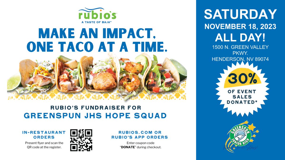GreenspunJHS's tweet photo. Help support Greenspun JHS Hope Squad at Rubios 1500 N. Green Valley Pkwy ALL DAY Nov. 18: https://t.co/4wc21KQLbo