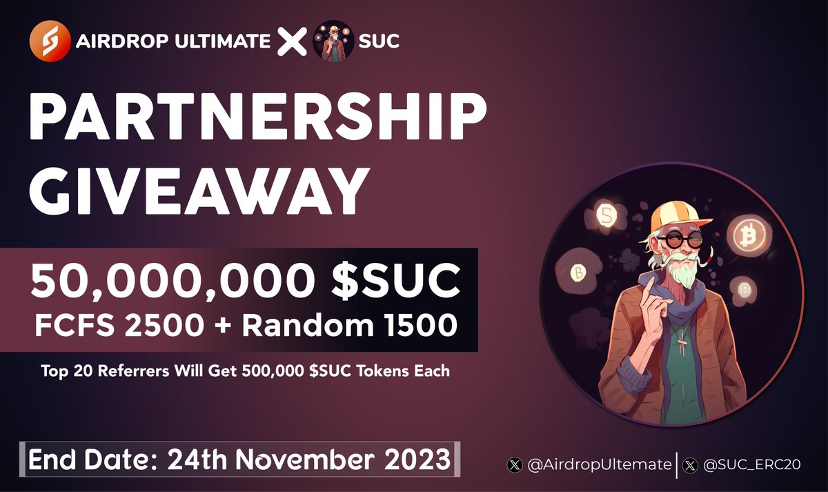 AirdropUltemate's tweet photo. 🥳 SUC X Airdrop Ultimate #Giveaway 

🏆 Prize Pool «» 50,000,000 $SUC

✅ Follow @AirdropUltemate &amp;
@SUC_ERC20 
✅ Like, RT &amp; Tag 3 Friends
✅ Complete #Gleam⤵️
https://t.co/zlCfTZCnUV

⏳ Ends 24th November 

#SUC #Airdrop #Giveaway #Crypto #FCFS #ETH #AirdropUltemate https://t.co/jTQAGWjOnH