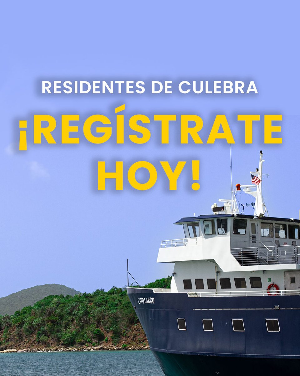 Residentes de Culebra: No olvide registrarse hoy en el registro de residentes de Culebra para evitar pagar tarifas de no residentes a partir del 1 de diciembre. Conozca más y regístrese en puertoricoferry.com/culebra-reside…