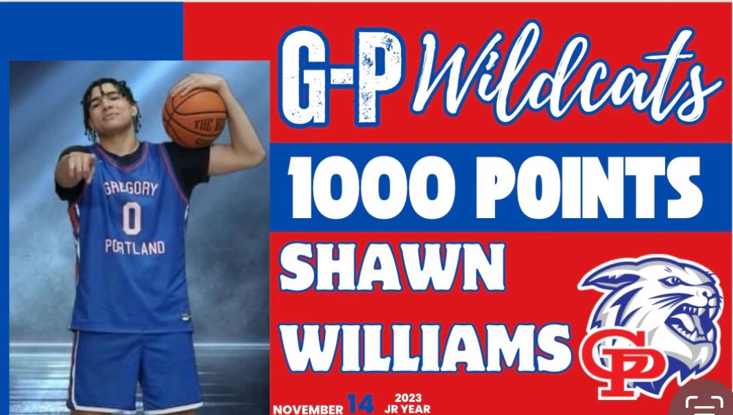 GPAthletics1's tweet photo. 🚨 1000 POINT CLUB 🚨
🏀 Congratulations to Gregory- Portland Junior Shawn Williams, who reached the 1,000 point milestone in last night’s victory 🆚 IWA‼️ #goGPwildcats 🔵⚪️🔴

@bball_wildcat https://t.co/E8x1Pmf3s2