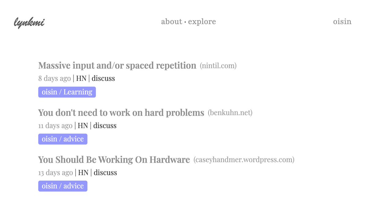 I’ve been tinkering away on this lil side project for a while, but thought it’d be fun to build in public, so I present to you—lynkmi—a site to share and curate links!