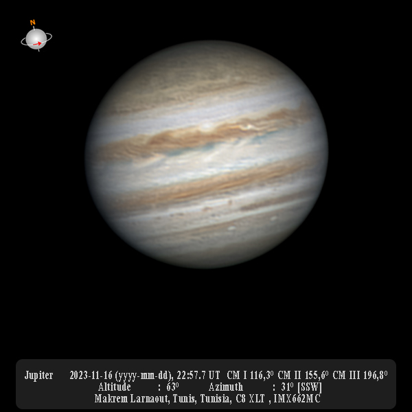 #Jupiter 
2023-11-16  22:57.7 UT  CM I 116,3° CM II 155,6° CM III 196,8°
 Altitude          :  63°
 Azimuth           :  31° [SSW]
Seeing : Average 
Humidity : 90%

Tunis, Tunisia
Astrobin : astrobin.com/983ds2/
Youtube: youtu.be/TUkDmFahqrE?si…