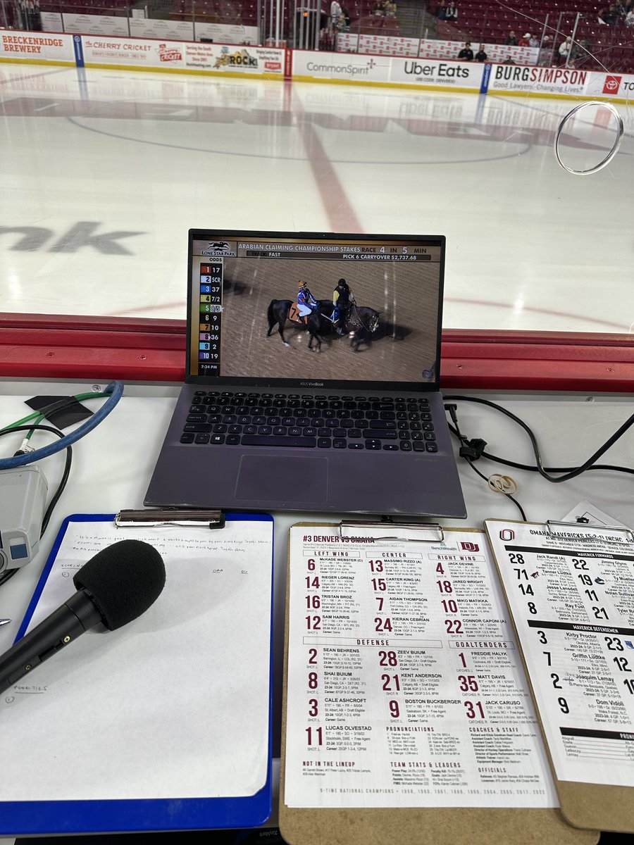 jjhorowitz's tweet image. This was a unique way to cheer on our horse RB Rathowayne running in the Arabian Claiming Championship at @lonestarpark while announcing hockey at @DU_Hockey. The teams took the ice for warmups just as the horses reached the starting gate. Then, DU defeated Omaha, 8-4 #GreatNight