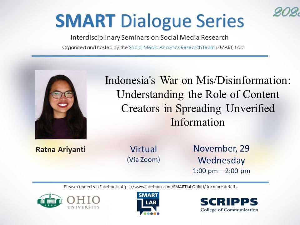 Be part of the SMART Dialogue Series with <a href="/drlaeeqkhan/">Dr. Laeeq Khan</a>. In this session Ratna Ariyanti presents her research. She is a seasoned #journalist and doctoral student at <a href="/ScrippsOU/">OHIO Scripps College</a> <a href="/ohiou/">Ohio University</a>