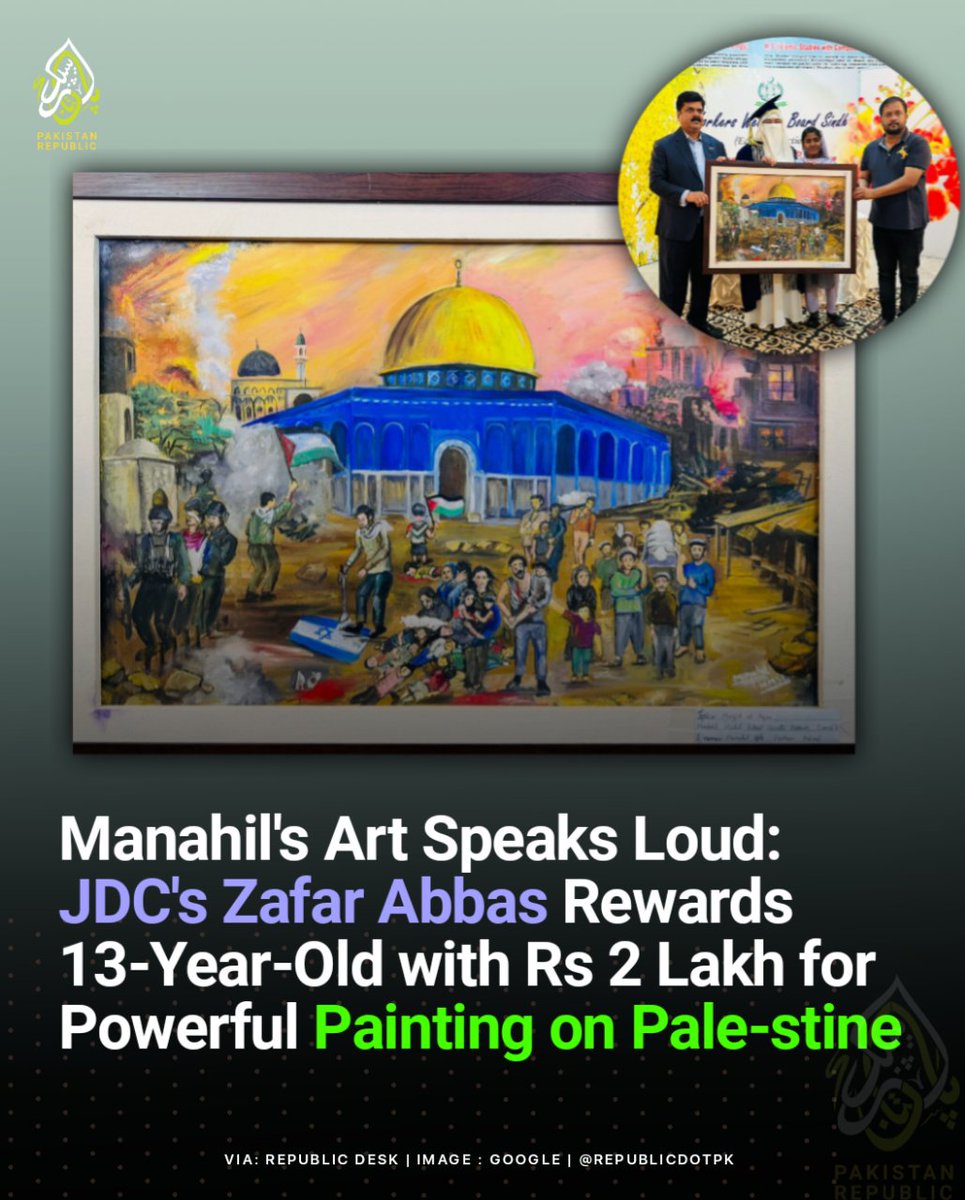 13-year-old student Manahil from a Government school in Landhi, painted a powerful image highlighting the struggles of Pales-tinians. Touched by her art, social leader and JDC's General Secretary Zafar Abbas gave her a heartfelt gift of Rs 2 Lakh. #pakistanrepublic