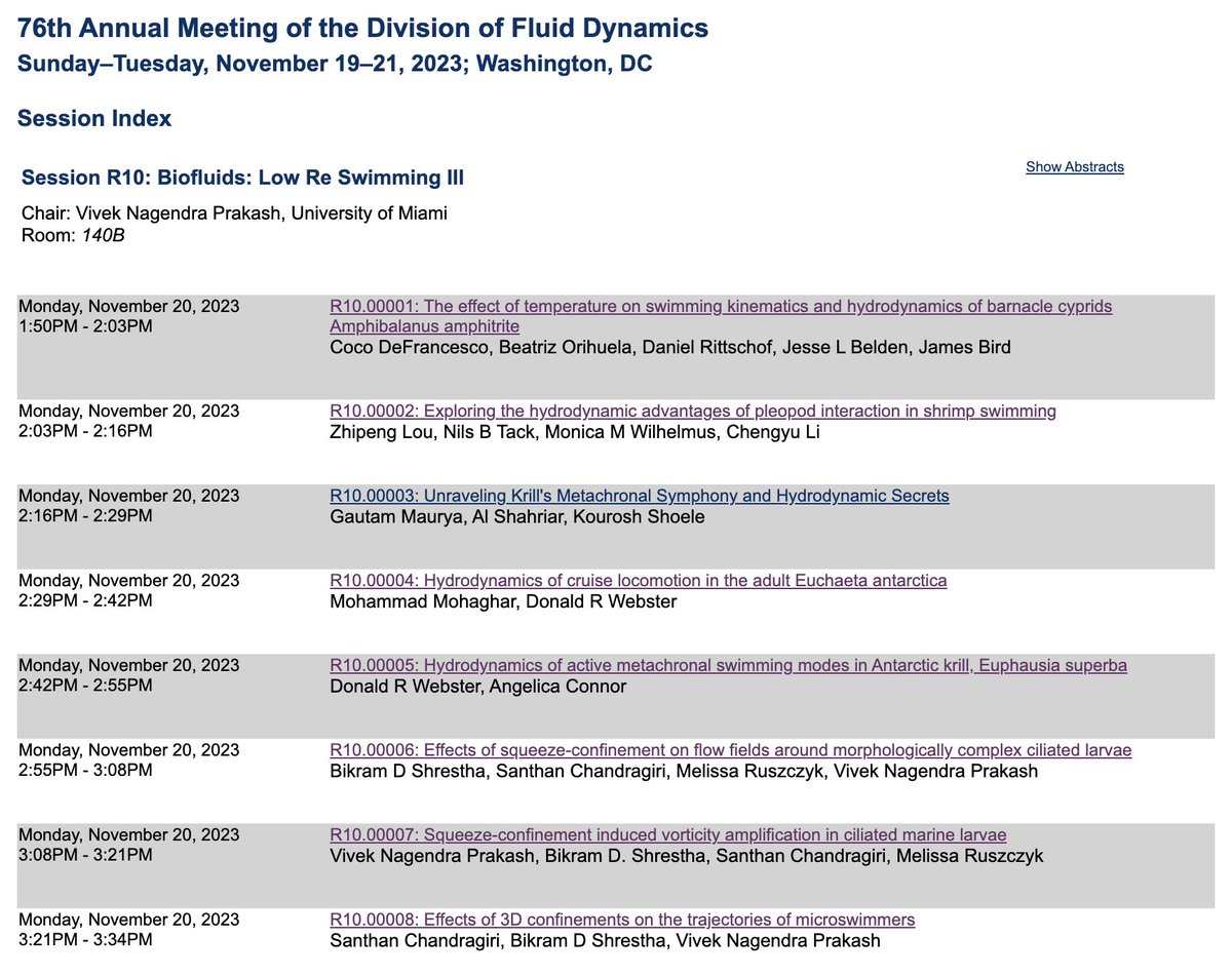 Viveknprakash's tweet image. Super excited to travel to Washington D.C. for the #APSDFD2023 @apsfluiddynamic @APSMeetings @APSPhysics

If you’re interested in Biofluids and Low Re Swimming, come to Session R10 (Monday), we have three presentations from my lab!! 😀😃 #fluiddynamics
meetings.aps.org/Meeting/DFD23/…