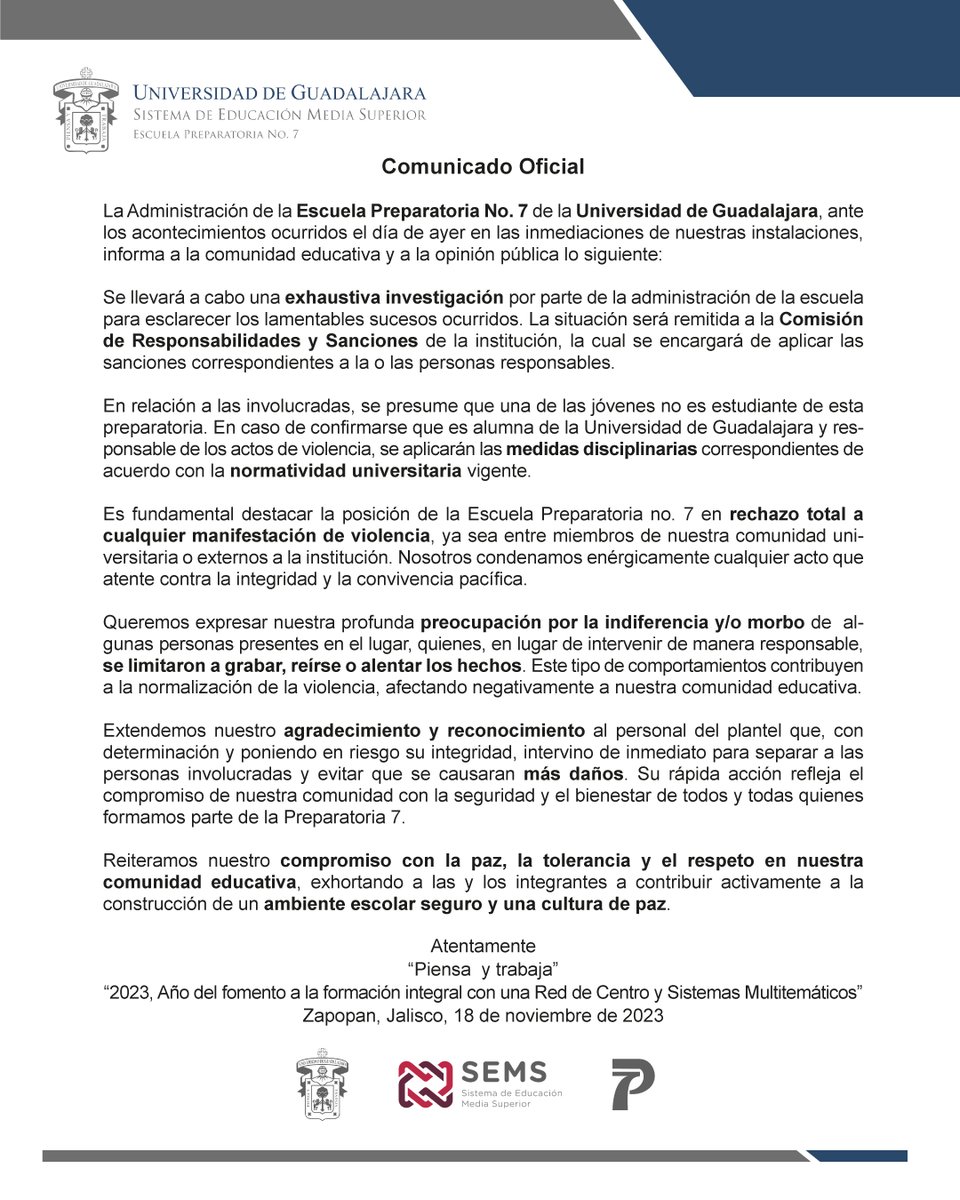GPrepa7's tweet photo. ¡Comunidad Prepa 7! Informamos sobre los incidentes ocurridos. Estamos investigando y rechazamos la violencia. La indiferencia no es opción, seamos agentes de cambio. Agradecemos al personal valiente. Sigamos construyendo una comunidad positiva. #Prepa7Unida #NoALaViolencia https://t.co/2MbyXXxe7W