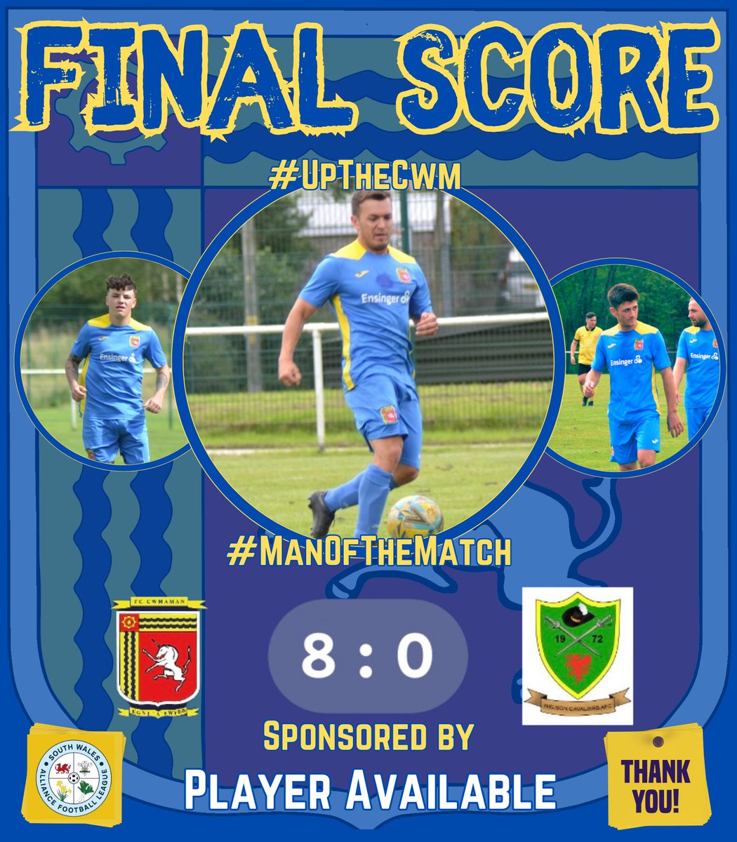 FC_Cwmaman (@fc_cwmaman) on Twitter photo Into the next round✅
Rusty opening 45mins but credit to the boys 2nd half. All the best <a href="/nelsoncavsafc/">Nelson Cavaliers AFC</a> for the rest of the season🤝
<a href="/owynairey4/">owynairey4</a>⚽️⚽️
<a href="/RhysBevann16/">Rhys Bevan</a>⚽️
<a href="/James_thornton1/">James Thornton</a>⚽️⚽️⚽️⚽️⚽️🅰️MOM
<a href="/ConnorWickham09/">Connor Wicks</a>🅰️
<a href="/Chris_Stonelake/">Chris Stonelake</a>🅰️
<a href="/joshboggis98/">Josh Boggis</a>🅰️
KeiranRoberts🅰️
JesseJames🅰️ Into the next round✅
Rusty opening 45mins but credit to the boys 2nd half. All the best <a href="/nelsoncavsafc/">Nelson Cavaliers AFC</a> for the rest of the season🤝
<a href="/owynairey4/">owynairey4</a>⚽️⚽️
<a href="/RhysBevann16/">Rhys Bevan</a>⚽️
<a href="/James_thornton1/">James Thornton</a>⚽️⚽️⚽️⚽️⚽️🅰️MOM
<a href="/ConnorWickham09/">Connor Wicks</a>🅰️
<a href="/Chris_Stonelake/">Chris Stonelake</a>🅰️
<a href="/joshboggis98/">Josh Boggis</a>🅰️
KeiranRoberts🅰️
JesseJames🅰️