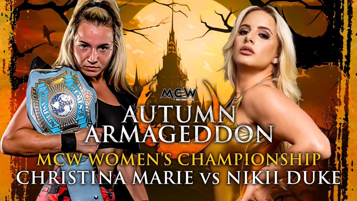 See 2️⃣ HUGE #MCWProWrestling Championship matches TONIGHT at #MCWAutumnArmageddon in Ridgely, #Maryland 🔥

The Sigma Males challenge Capitol Punishment for the Tag Team titles and @CourageousCM defends her Women’s Title against @NikiiDuke‼️

Tickets are available online AND at…