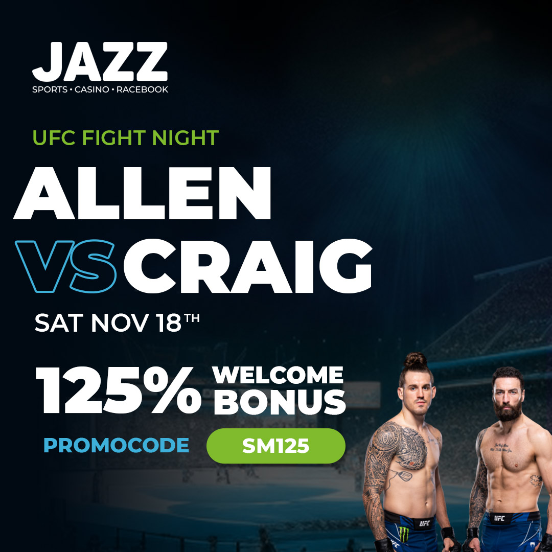 SportsbookJazz's tweet photo. IT'S FIGHT DAY #UFCVegas82🔥👊

Allen -455 vs. Craig +340

Who's taking the W?

Place your bets now→ https://t.co/grdtebp4ht 

#AllenvsCraig https://t.co/db2ROKimmv