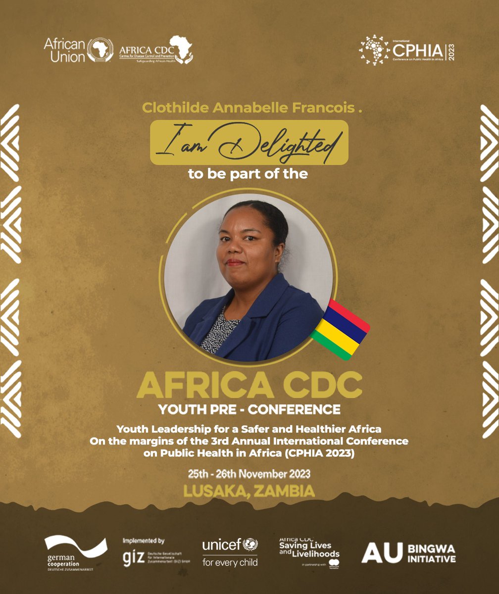 I am delighted to be part of the @AfricaCDC Youth Pre-Conference- #YPC2023.

I look forward to engaging with other young people from across the continent on Youth Leadership in Public Health in Africa
#YouthLeadershipInHealth