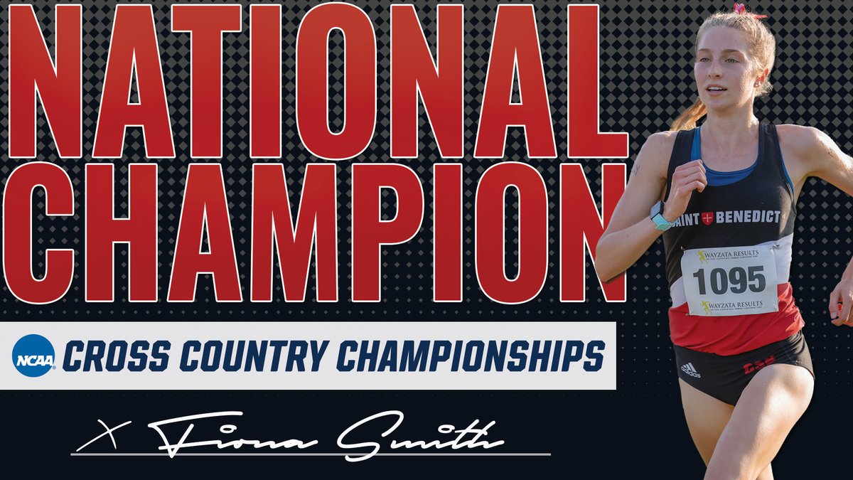 With a clocking of 19:54.1, Fiona Smith of @SAINTBENEDICTXC has become the 1st national champion in school history, winning by over 1:03. She runs her 3rd sub 20 6K this year & is first in @NCAADIII history to go under 20 min. in championship race. #BennieNationProud