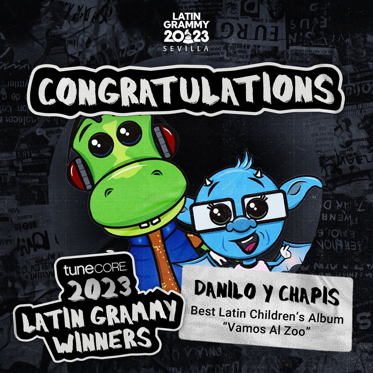 CONGRATS🙌 TuneCore Artists Danilo y Chapis have won Best Latin Children’s Album for “Vamos Al Zoo” at the 2023 #LatinGRAMMY Awards! We are honored to be a part of their independent journey! 

🎶: bit.ly/3G2GygC