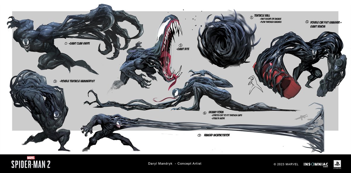 DarylMandryk's tweet photo. A more flushed out symbiote suit and early sketches for venom abilities and Rusher symbiote  #SpiderMan #SpiderMan2PS5 #conceptart #gameart https://t.co/zrnPDigIzY