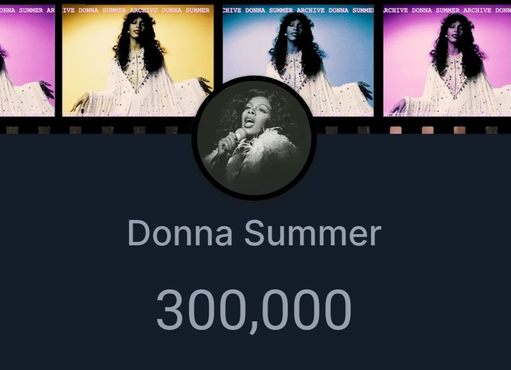 DonnaSummerNat's tweet photo. Donna Summer reaches 300k subs on YouTube, Congratulations 🎉

• 241M Channel Views
• 48 Videos
• 5.74K Monthly sub
• #6 Most viewed female artist 70s https://t.co/LeWrd6wK0W