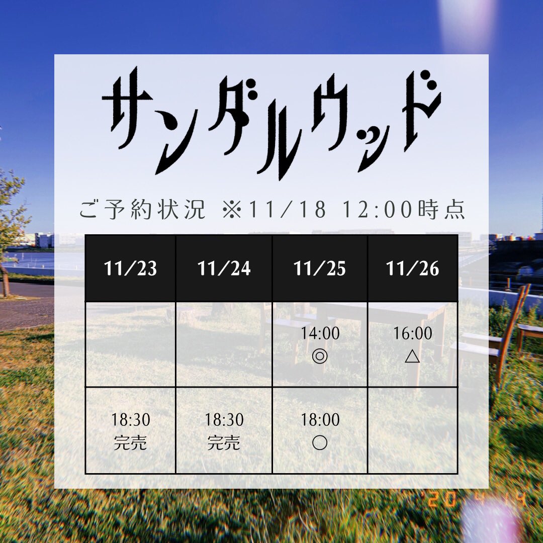 apple_knock's tweet photo. 【ご予約状況】
apple knock工場公演『サンダルウッド』
(11/18 12:00時点)

24日もご好評につ��完売です🍎

有難いことに、各回ご予約が増えております
急な売り切れの可能性もありますのでお気をつけください！

#appleknock #サンダルウッド 

チケットのご予約はこちら💁‍♀️
https://t.co/XwN2ZgfNoW https://t.co/QsKyfMIqPj