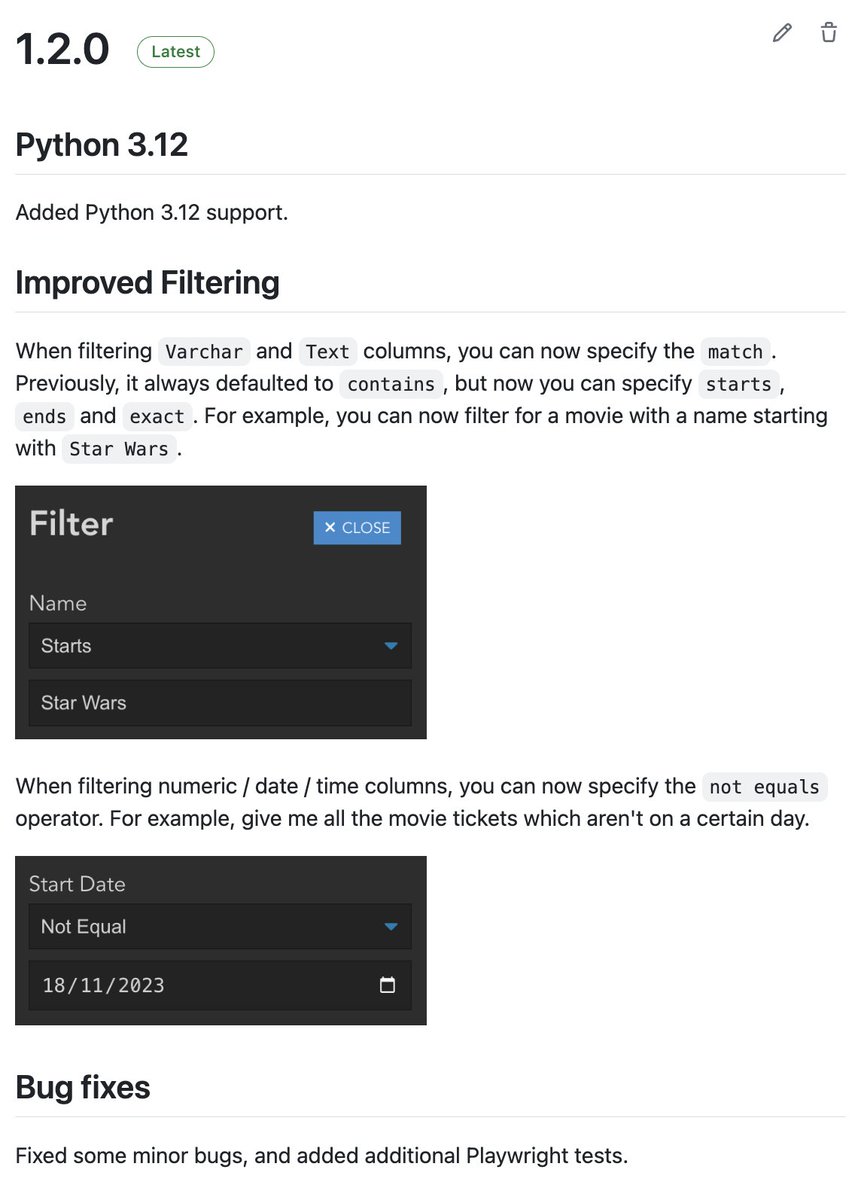 piccolo_orm's tweet photo. Piccolo Admin v1.2.0 was just released - with improved filtering, official Python 3.12 support, and some bug fixes. https://t.co/aMzxTPeiem https://t.co/H1m48EKuyy