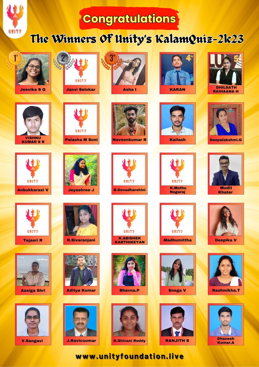 Unity_Offic's tweet photo. Celebrating Excellence at KalamQuiz 2K23!
We're thrilled to announce the top 30 rank holders who outshone in the Unity Foundation KalamQuiz 2K23! Congratulations to these bright minds for their exceptional performance.
#UnityFoundation #Puducherry https://t.co/QgW0Qkhpfw