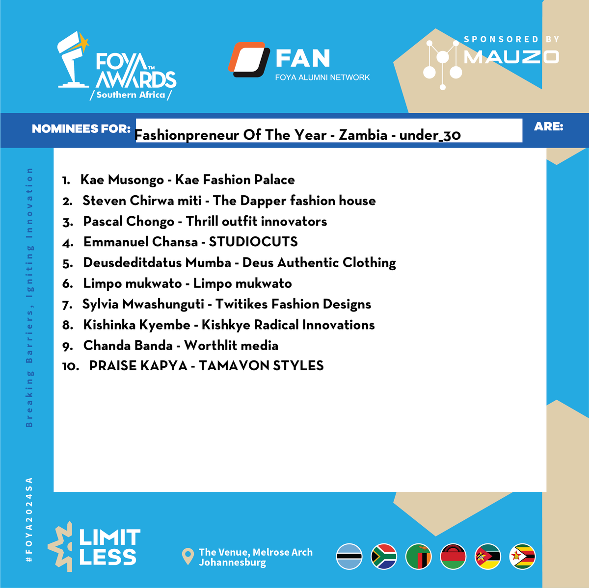 FoyaGlobal's tweet photo. #FOYA2024SA Fashionpreneur of the year Under 30 nominee #Zambia  ,Kae Musongo - Kae Fashion Palace Vote Now https://t.co/vTunn7nZOq https://t.co/jBFo20PVXK