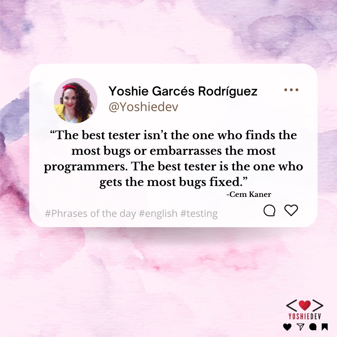 YoshieDev's tweet image. 🕵️♂️💡 En el fascinante mundo de QA, el mejor tester no es aquel que encuentra la mayor cantidad de errores. ¡El mejor tester es aquel que logra que se corrijan la mayor cantidad de bugs! 🚀🐞
#QATester #TestingDeSoftware #BugFixing #DesarrolloDeSoftware