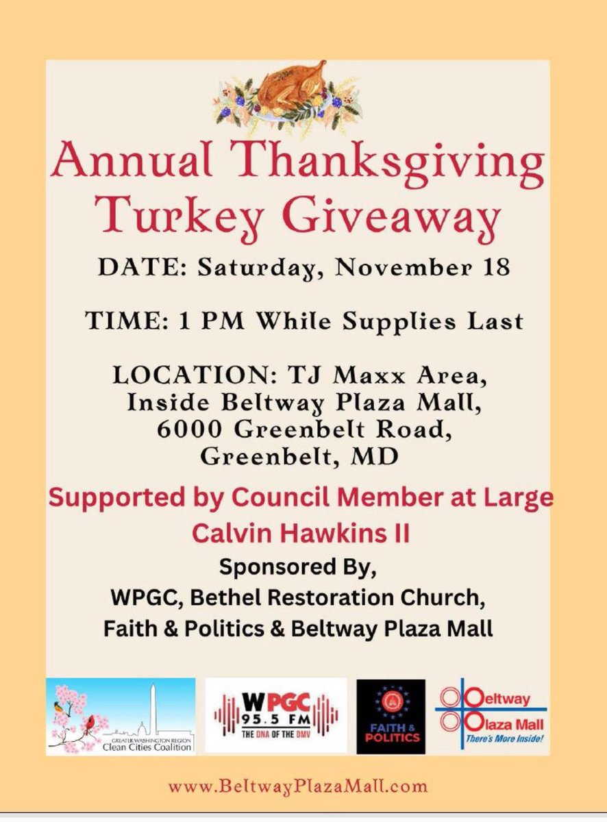 #CommunitySchools partners are hosting a Turkey Giveaway today at 1pm at Greenbelt Plaza. 

Thank you <a href="/Hawkins4PGC/">Councilmember Calvin S. Hawkins II</a> <a href="/GWRCCC/">Greater Washington Region Clean Cities Coalition</a> <a href="/WPGC/">WPGC 95.5</a> Bethel Restoration Church, <a href="/FaithandPolitic/">Faith & Politics</a>. 

<a href="/pgcps/">PGCPS</a>