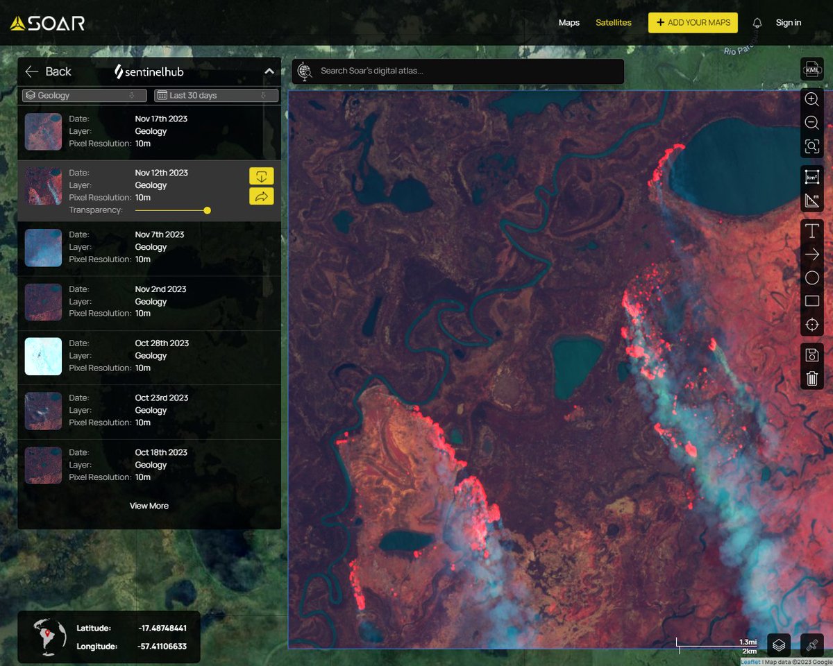 🔥#Incêndios no #Pantanal, #Brasil, 2023 Fumaça indo pro Sul, qualidade do #ar afetada Monitore em @Soar_Earth Atlas🌐: ➡️16/Nov: soar.earth/short/9a7097r12 ➡️12/Nov: soar.earth/short/21o46a0o… Satélites gratuitos e comerciais de alta-resolução.