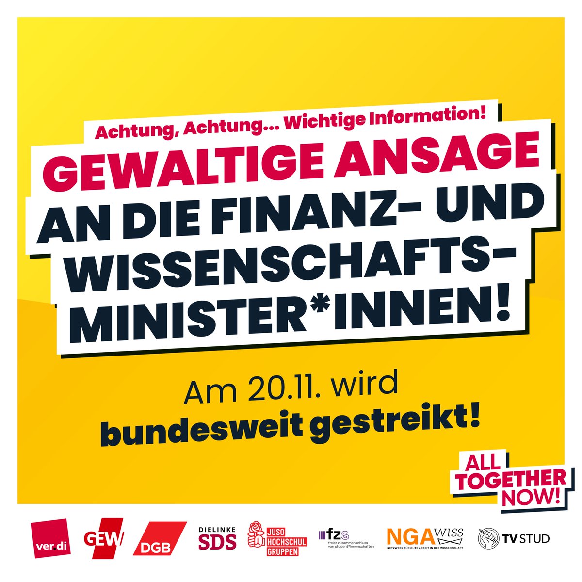 Das gab es so noch nie: ein Teilchenbeschleuniger wird stillstehen, Bibs bleiben geschlossen, Tutorien &amp; Seminare fallen aus - und das bundesweit! Denn Montag (20.11.) ist #Hochschulaktionstag - und es wird bundesweit gestreikt! (1/6)