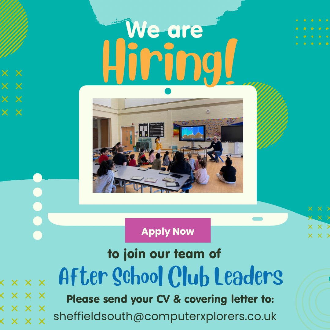 compxsheffsouth's tweet photo. We’re looking for After-School Club Leaders 📢

The ideal candidate:
▫️Good with children 
▫️Comfortable with a computer 
▫️Looking for fun,flexible part-time work 
▫️Available term-time 2:45pm - 5:00pm
▫️Based in Sheffield and Rotherham
▫️Mobile? You will need your own transport https://t.co/Cbb0kWv7Rt