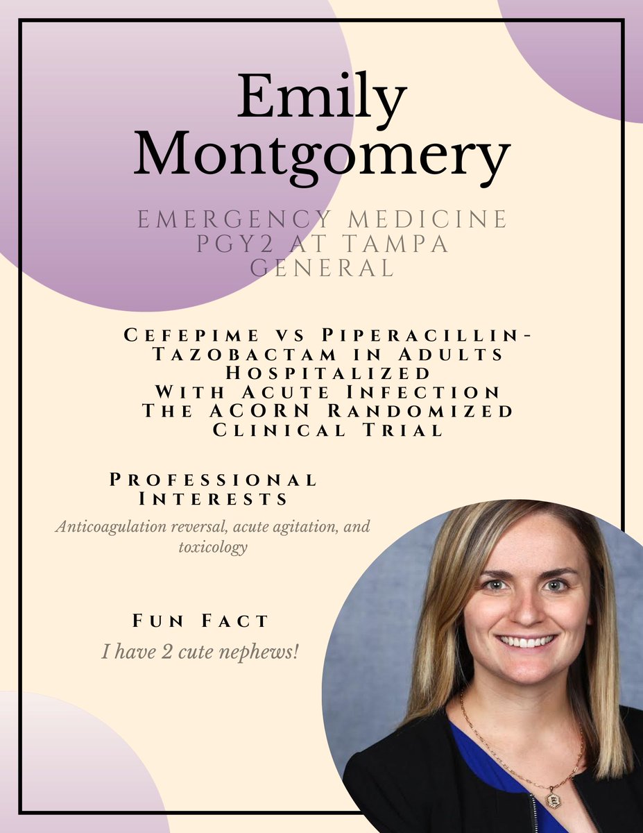 Let's meet our presenters for this week! Dr. Emily Montgomery, PGY2 EM resident at Tampa General Hospital will present on the ACORN trial (cefepime v pip/tazo). <a href="/_emilylynn_/">Emily Montgomery</a> #TwitteRx #EMRx jamanetwork.com/journals/jama/…