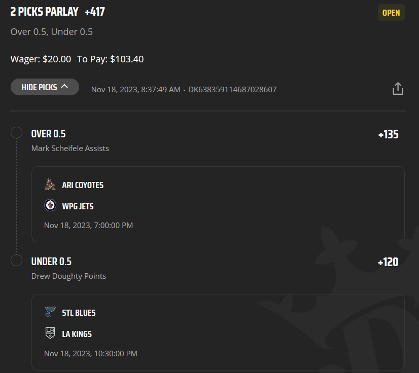 MongooseBets's tweet image. Betting 1 Unit on this Draftkings Parlay.

Both legs are +EV back to Pinnacle.  Also, both legs have hit in 4 of last 5 games and both are favorable matchups for us.

#gamblingtwitter #nhl #plusev