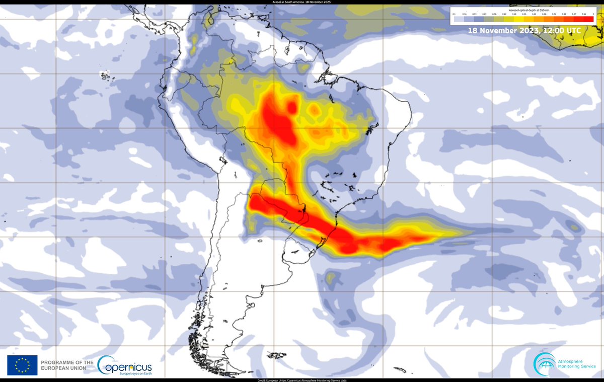 #ImageOfTheDay Forest fires continue to ravage South America According to the #CopernicusAtmosphere Monitoring Service (CAMS), total carbon emissions from the 🔥 ongoing in 🇧🇴 and part of 🇧🇷 are above the average for this time of year ⬇️ CAMS’ Aerosol forecast for today