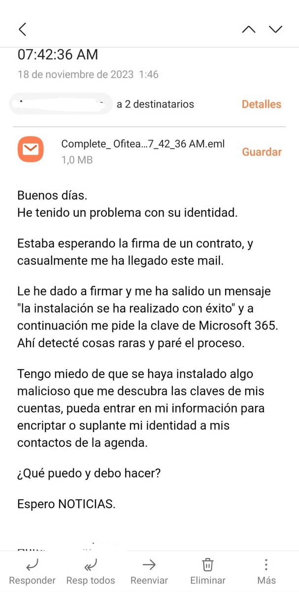 cibercapitan's tweet photo. Caso real.

Organización que busca ciberguridad, se le ofrecen servicios, no contesta, no contesta... Indica que no necesita protección.

Mensaje de hoy a las 2 am, posible incidente de ciberseguridad con afectación.

¿Aún sigues pensando que no te va a afectar?

Si no tomamos medidas en la prevención, luego hay que tomarlas en la fase de incidente.

Fase de prevención, protección de e-mail y puesto de trabajo N euros, respuesta al incidente, N x 10 + daño del incidente.

No hay concienciación en las pymes.

#ciberseguridad 
#phishing
#Dfir
#fraude

@InLineSistemas @ciberconsejo @seguridadyredes @DerechodelaRed @as_informatico