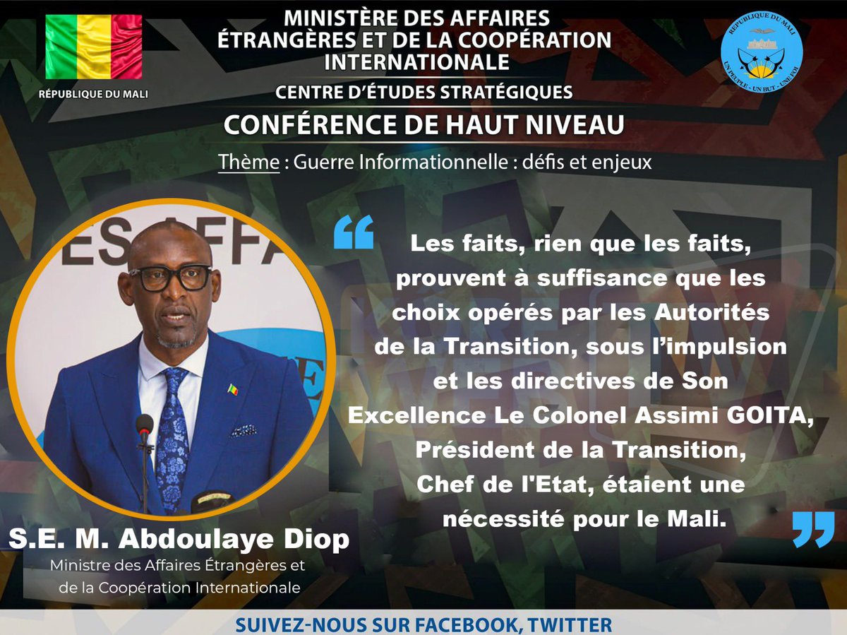 Conférence de haut niveau sur 𝐥𝐚 𝐠𝐮𝐞𝐫𝐫𝐞 𝐢𝐧𝐟𝐨𝐫𝐦𝐚𝐭𝐢𝐨𝐧𝐧𝐞𝐥𝐥𝐞, 𝐝𝐞́𝐟𝐢𝐬 𝐞𝐭 𝐞𝐧𝐣𝐞𝐮𝐱 : 

“𝐿𝑒𝑠 𝑓𝑎𝑖𝑡𝑠, 𝑟𝑖𝑒𝑛 𝑞𝑢𝑒 𝑙𝑒𝑠 𝑓𝑎𝑖𝑡𝑠, 𝑝𝑟𝑜𝑢𝑣𝑒𝑛𝑡 𝑎̀ 𝑠𝑢𝑓𝑓𝑖𝑠𝑎𝑛𝑐𝑒 𝑞𝑢𝑒 𝑙𝑒𝑠 𝑐ℎ𝑜𝑖𝑥 𝑜𝑝𝑒́𝑟𝑒́𝑠 𝑝𝑎𝑟 𝑙𝑒𝑠