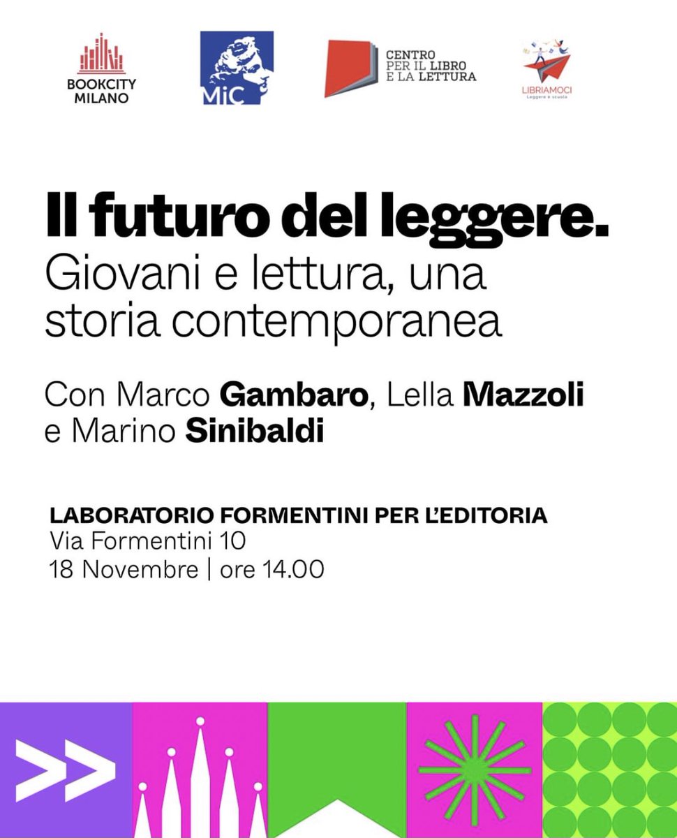 Dal @Lab_Formentini per l’editoria, ospiti di @BOOKCITYMILANO, Marco Gambaro, Lella Mazzoli e @marinosinibaldi, Presidente del #CentroLibro, presentano “Il futuro del leggere. Giovani e lettura, una storia contemporanea”.

#BCM23