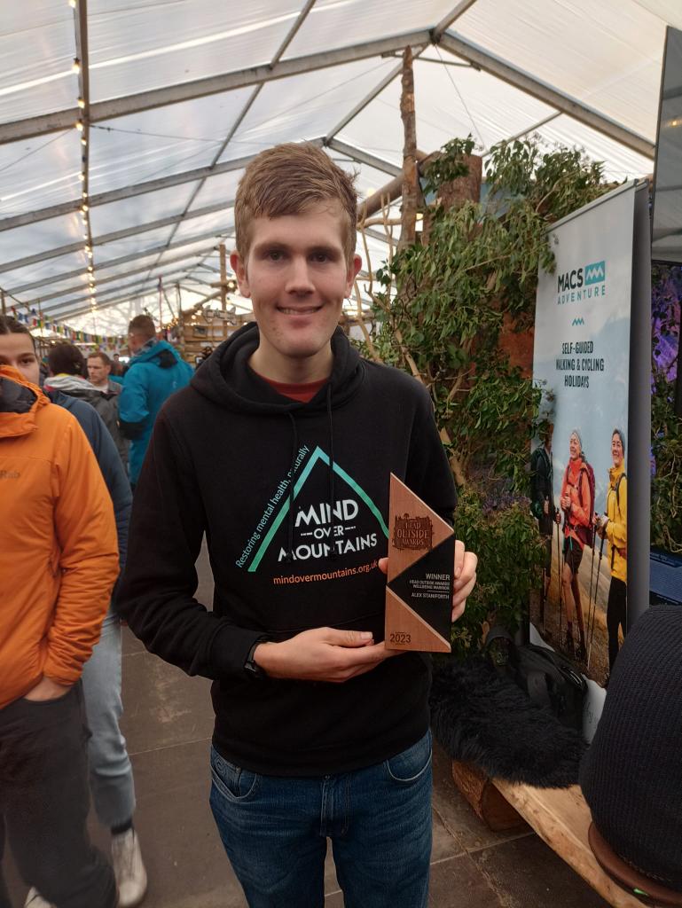 Chuffed to win the Head Outside 'Wellbeing Warrior' award at Kendal Mountain Fest. Proud of @MindOMountains being a finalist too. It's a privilege to use my own mental health challenges to help others. But there's so much more to do. THANKS to so many people!