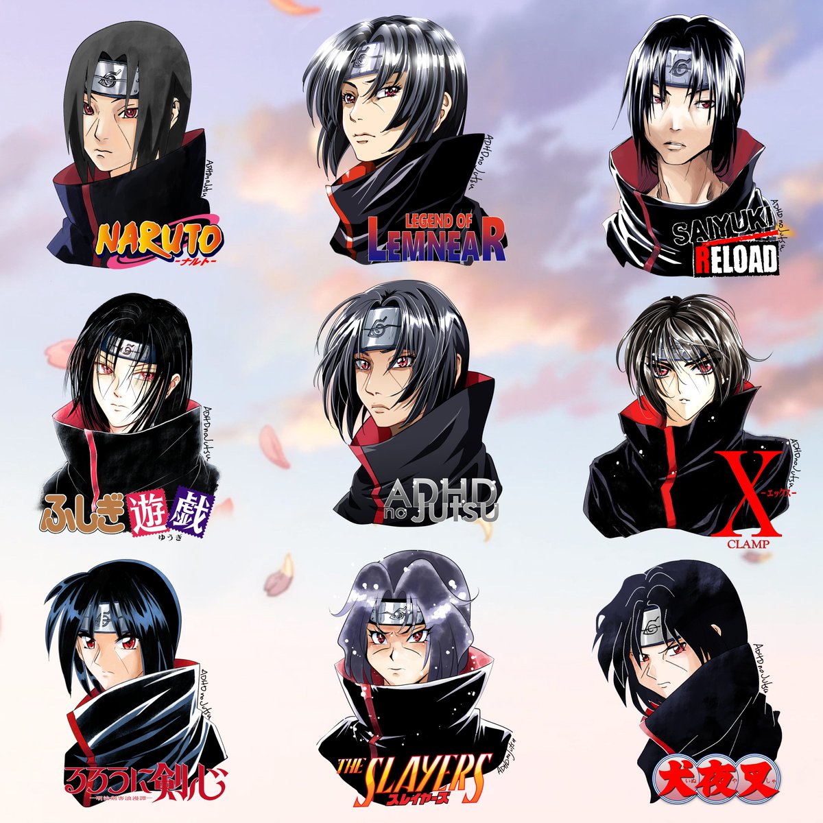 itachisbedbug's tweet photo. Itachi in the #9Styles challenge, but with my 90s favourites.
Masashi Kishimoto (Naruto)
Satoshi Urushihara (Lemnear)
Kazuya Minekura (Saiyuki)
Yuu Watase (Fushigi Yuugi)
Clamp (X/1999)
Nobuhiro Watsuki (Rurouni Kenshin)
Rui Araizumi (Slayers)
Rumiko Takahashi (Inuyasha)
Which is your fave?
#Naruto #Narutofanart #Itachi #artchallenge #ArtistOnTwitter #ナルト #うちはイタチ #イラスト
