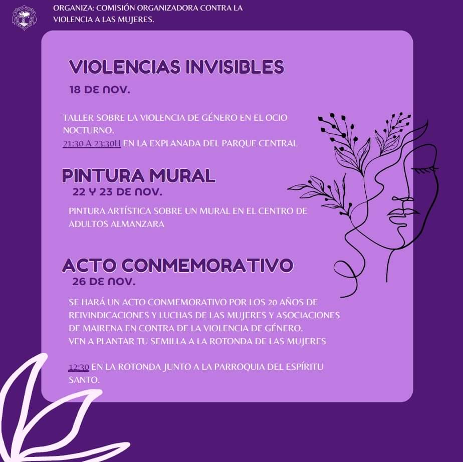 Con motivo del Día Internacional de la eliminación de la violencia contra las mujeres, este mes de noviembre tenemos en Mairena del Aljarafe actividades y talleres relacionadas con la detección y prevención de la violencia machista.

¡Toda la programación aquí! 👇