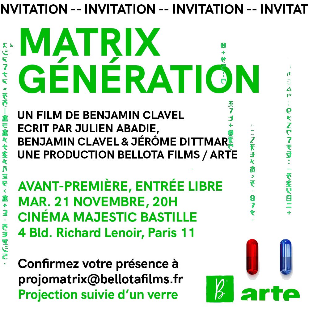 Après Speed Racer — Les Wachowski à la lumière de la vitesse, nous avons décidé de faire un film autour de Matrix, avec la collaboration et l’aide de Benjamin Clavel, Bellota Films (qui produit) et Arte (qui diffusera). Venez le découvrir en avant-première ✊