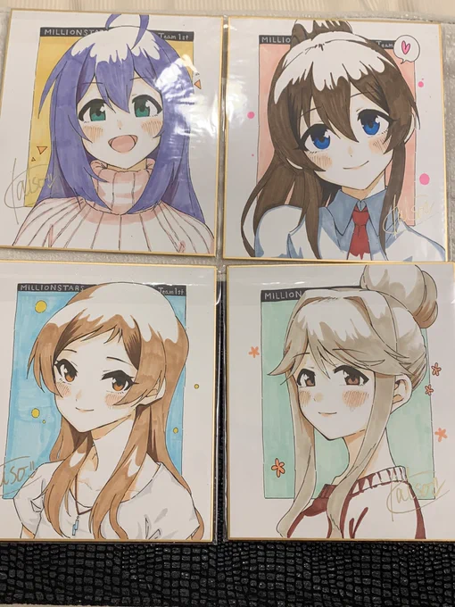 明日のISFに持って行く色紙杏奈、美奈子、志保、朋花のteam1stの4枚です〜。d2でお待ちしております〜