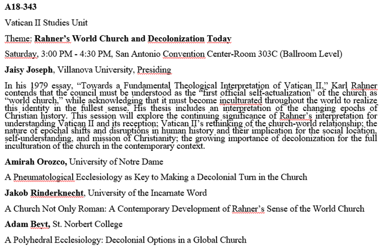 Come join us today at the Vatican II Studies Unit - 'Rahner's World Church and Decolonization Today' with @amirahorozco, @CattleKnecht, Adam Beyt. #AARSBL23