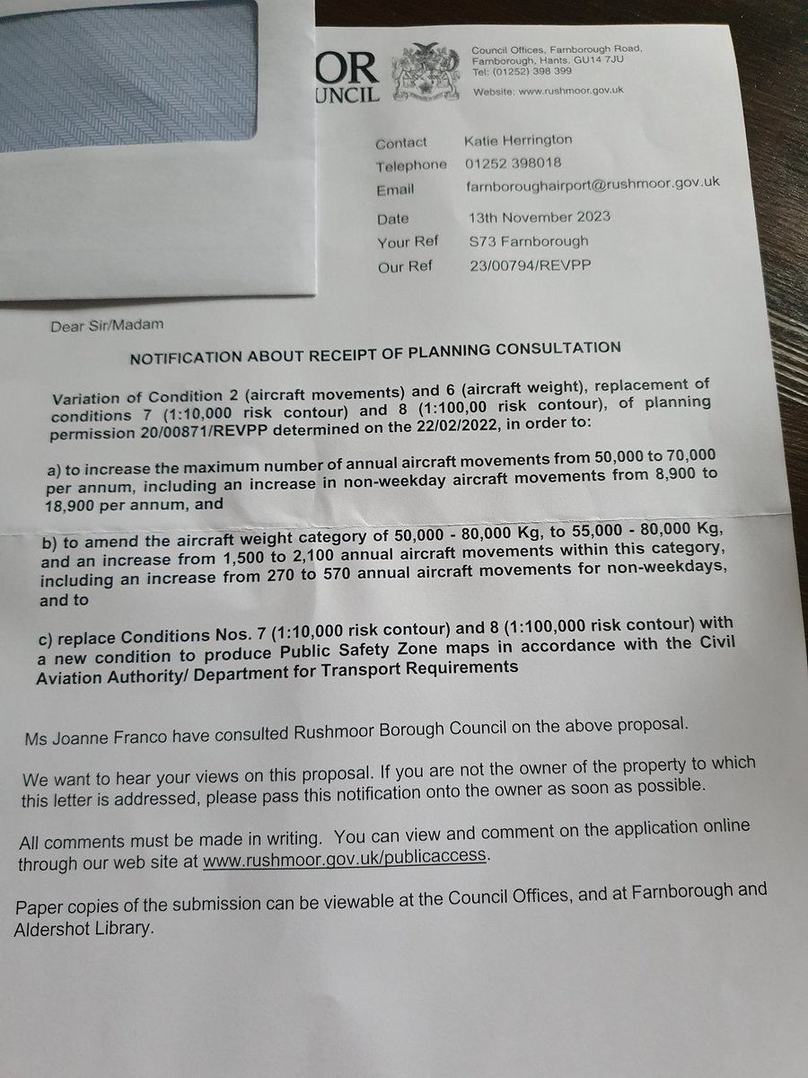 Chums, we only have until 4th December to tell the council that we don't want more flights or heavier planes. Even if you don't get one of these letters, object online anyway.

#Aldershot #Farnborough #Farnham #Fleet #ChurchCrookham #Ash #Guildford