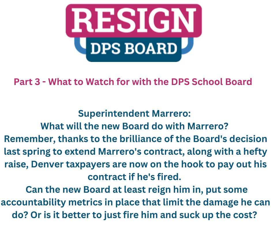ResignDPS's tweet image. Part THREE of our Three Part Series: What to Watch for with our new DPS School Board - A topic that brings the HEAT - the debacle that is DPS Superintendent Marrero.  Remember this is pretty much THE JOB of our School Board.