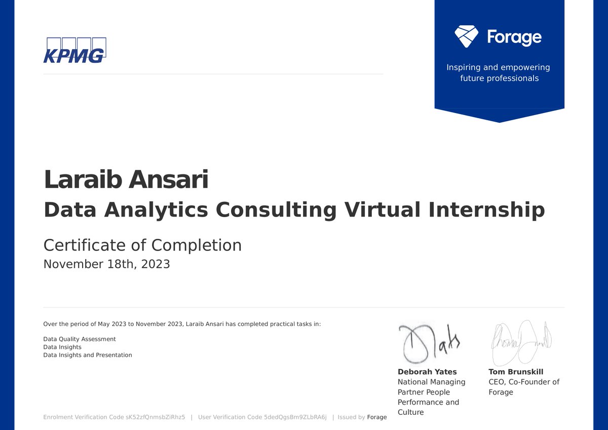 _Laraib_Ansari's tweet image. T34: #100DaysOfCode 
✨Finally Earned my Certificate!!
🌱Day 8 to 12 

✅ KPMG Virtual Internship
✅ Data Quality Assesment
✅ Data Insights
✅ Presentation

#KPMGcareers #DataAnalytics #PowerBI #DataScience #internship #certification