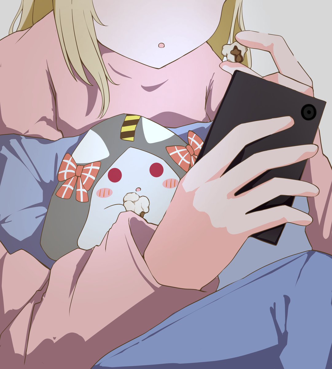 1girl blonde hair phone head out of frame cellphone holding holding phone  illustration images