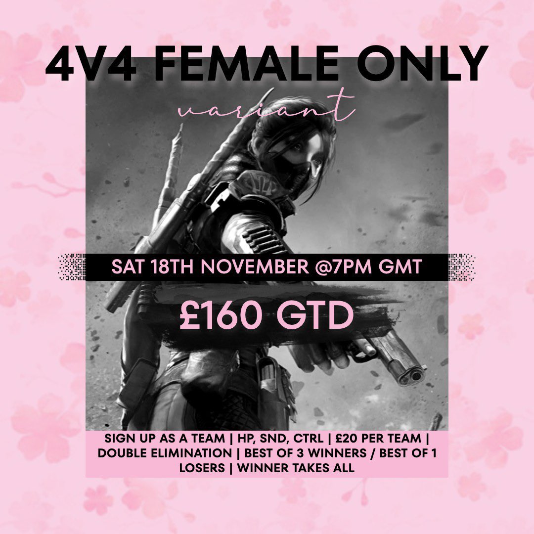 Time to show you the skills of our females 🏄🏼‍♀️💪🏽

🏆 - HP SnD 4vs4 only female MW3 cup  
⏰ - 18:00 CEST 
💰 - 160£

#GOEXG💚